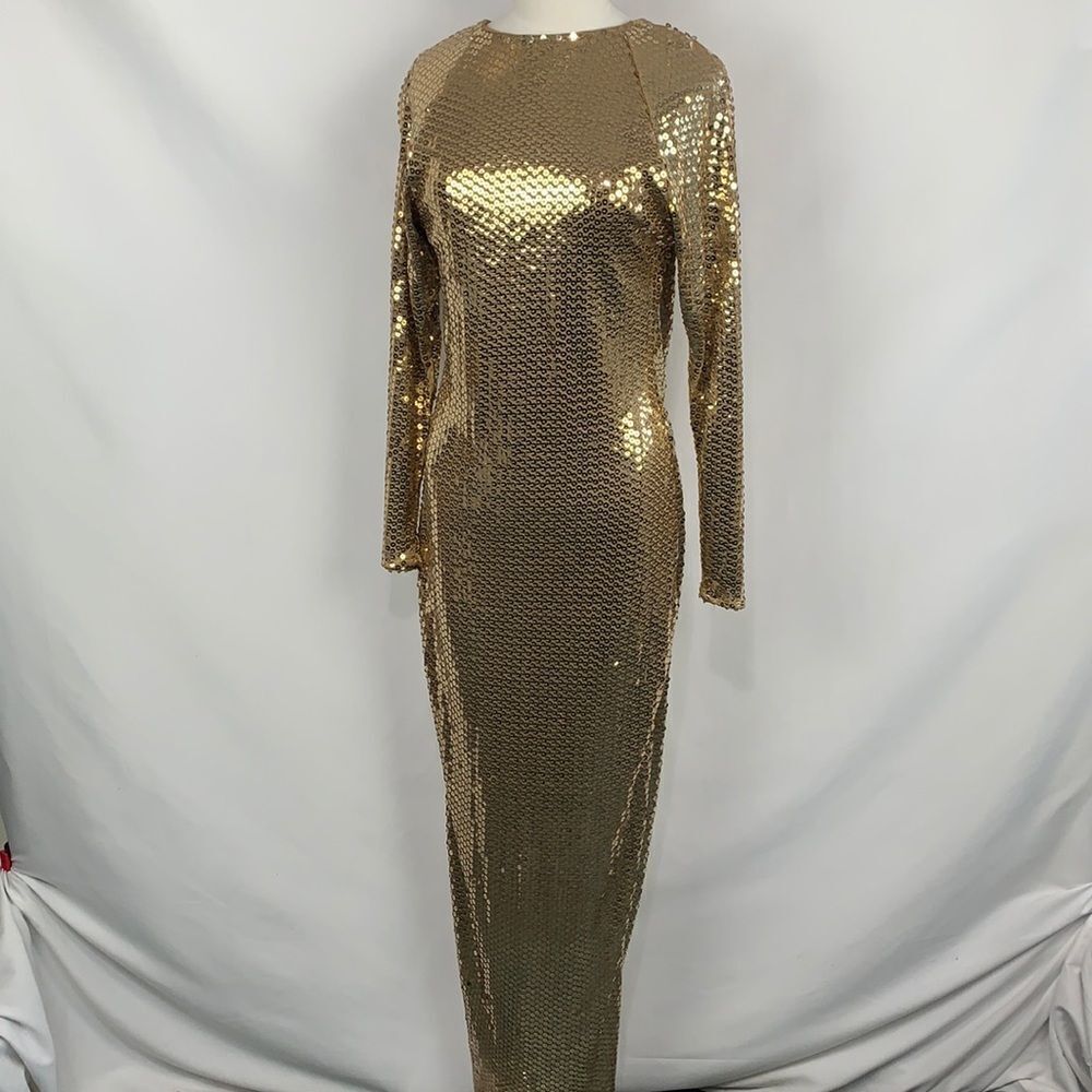 Criscione NWT VTG gold sequin drape back gown
